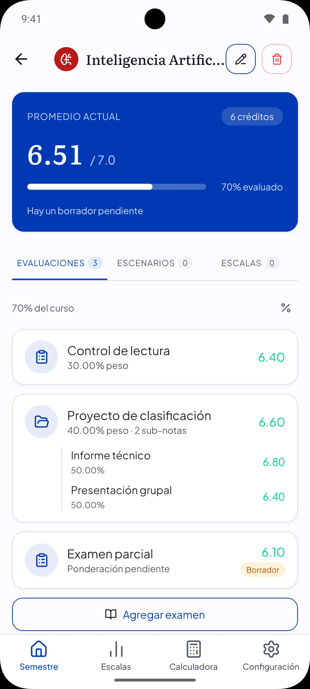 Curso con su promedio ponderado y evaluaciones en PonderApp para Android