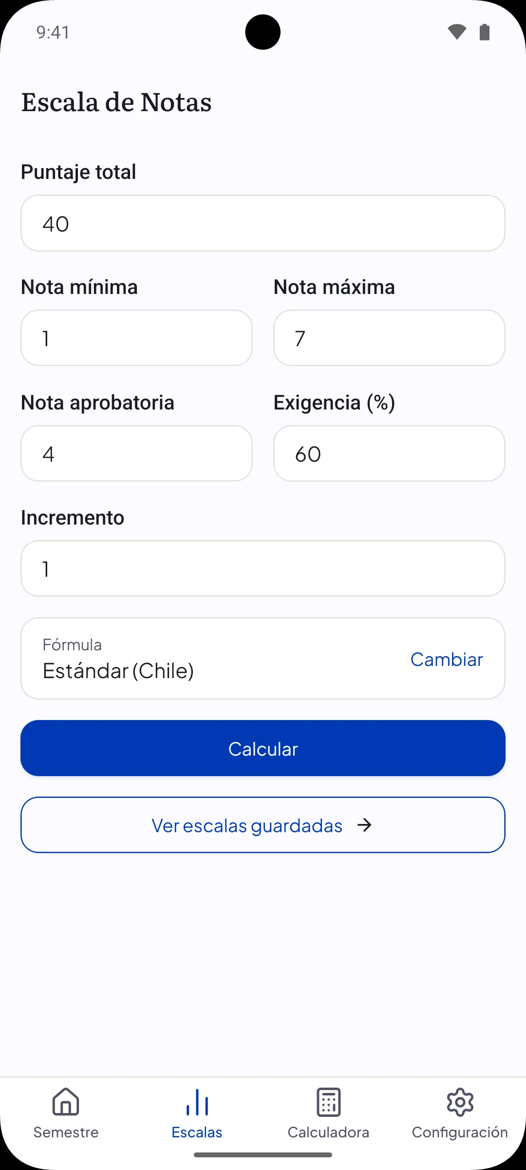 Formulario de escala con puntaje total, exigencia, nota mínima e incremento