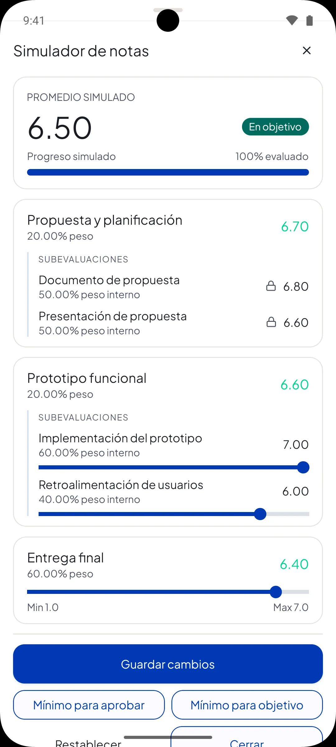 Simulador con el promedio simulado y las notas necesarias por evaluación